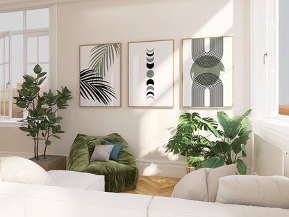 Neutral Boho Wall Art Set of 3: Geometric Arches, Moon Phases & Palm Leaf Prints, Modern Minimalist Decor for Living Room B060