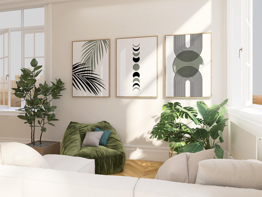 Neutral Boho Wall Art Set of 3: Geometric Arches, Moon Phases & Palm Leaf Prints, Modern Minimalist Decor for Living Room B060