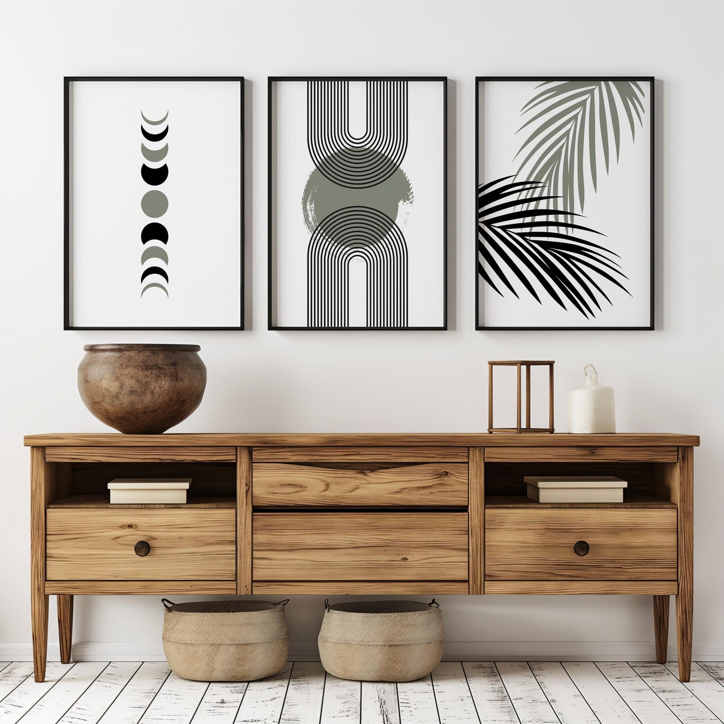 Neutral Boho Wall Art Set of 3: Geometric Arches, Moon Phases & Palm Leaf Prints, Modern Minimalist Decor for Living Room B060