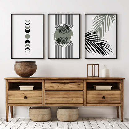 Neutral Boho Wall Art Set of 3: Geometric Arches, Moon Phases & Palm Leaf Prints, Modern Minimalist Decor for Living Room B060