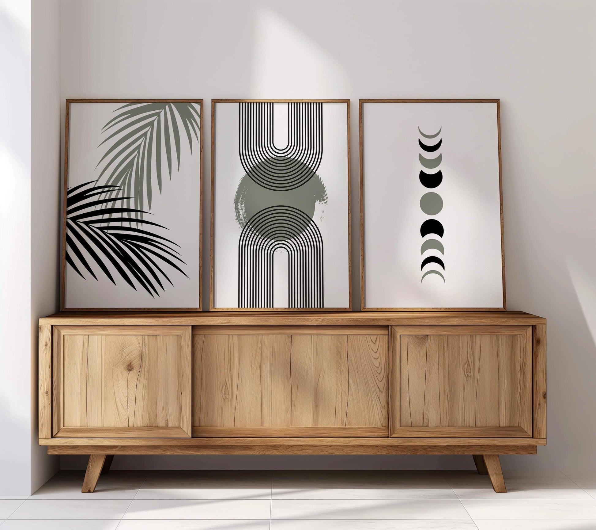 Neutral Boho Wall Art Set of 3: Geometric Arches, Moon Phases & Palm Leaf Prints, Modern Minimalist Decor for Living Room B060