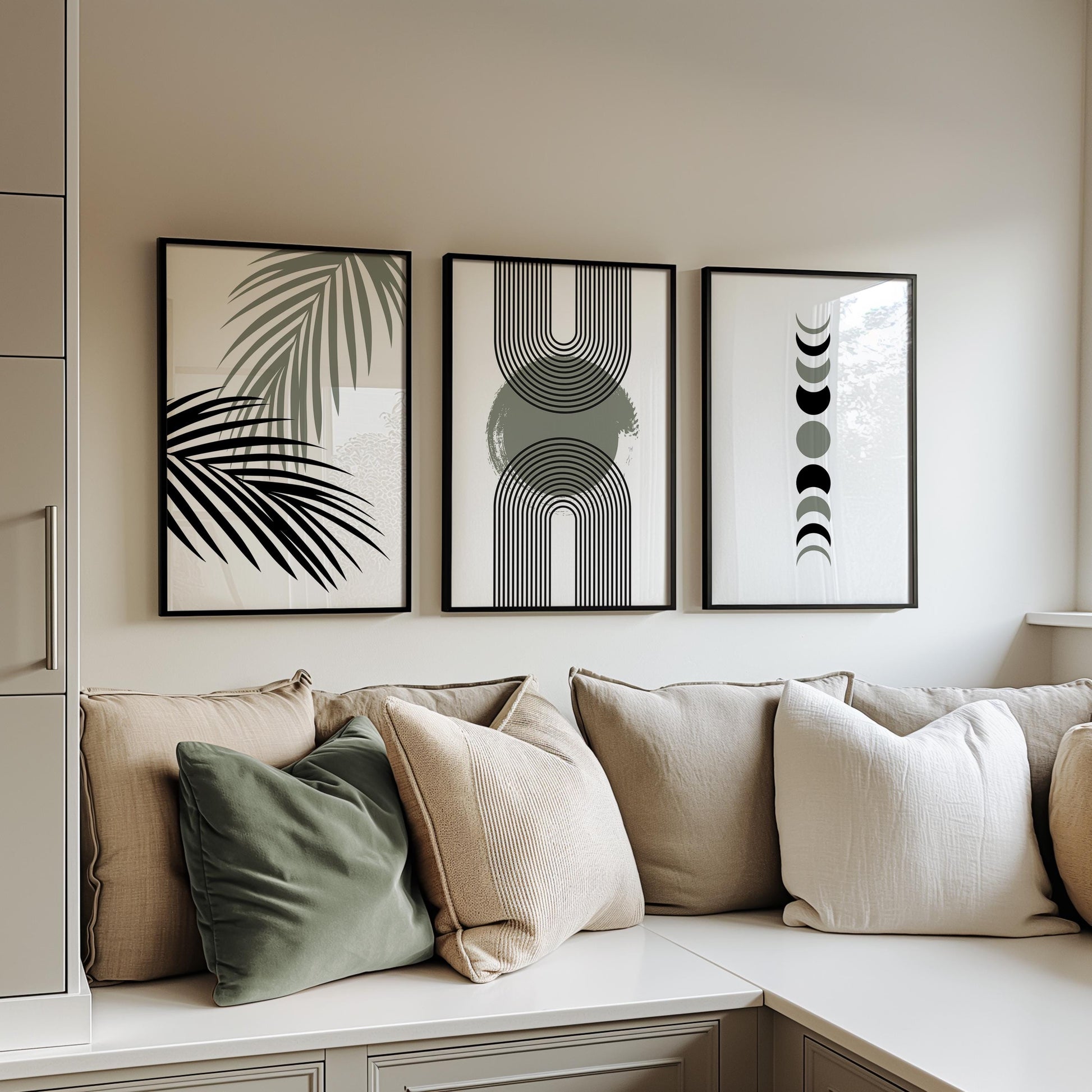 Neutral Boho Wall Art Set of 3: Geometric Arches, Moon Phases & Palm Leaf Prints, Modern Minimalist Decor for Living Room B060