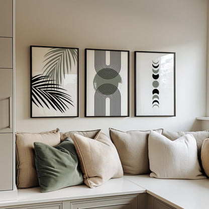 Neutral Boho Wall Art Set of 3: Geometric Arches, Moon Phases & Palm Leaf Prints, Modern Minimalist Decor for Living Room B060