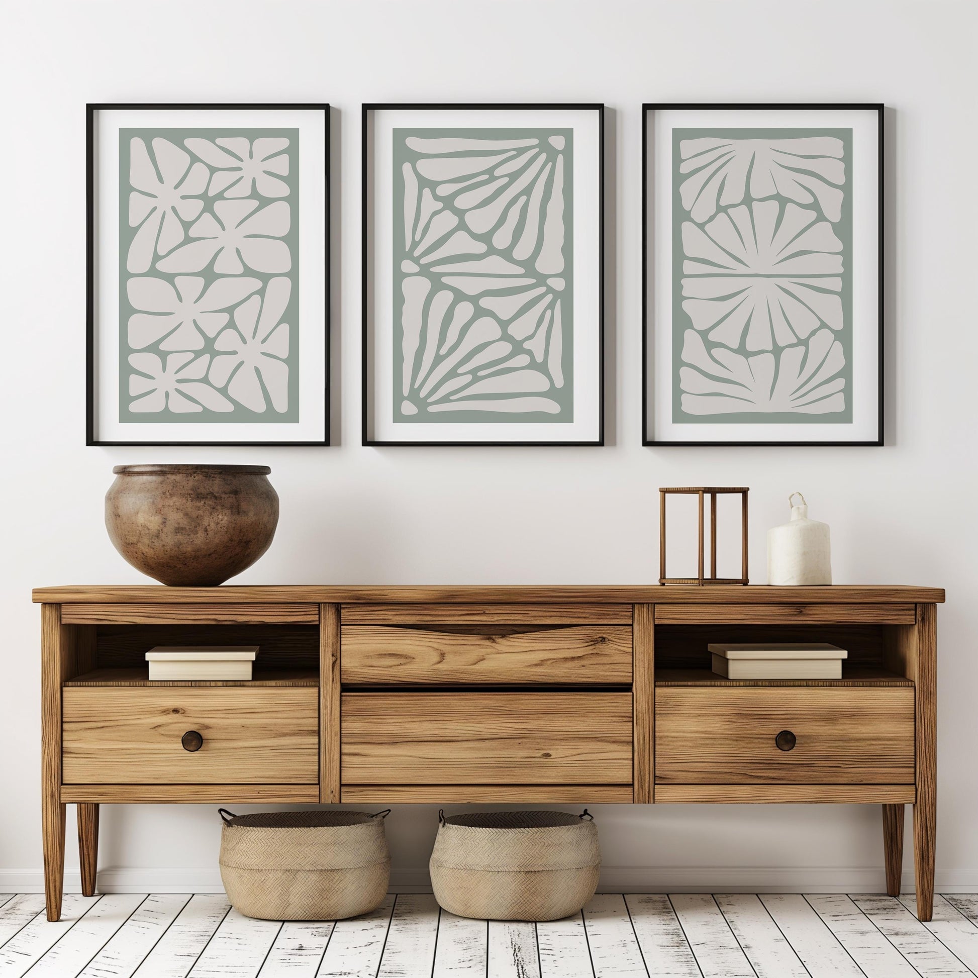 Green Abstract Wall Art – Japandi Minimalist Poster Set of 3 – Boho Botanical Prints for Modern Home & Neutral Room Decor B53