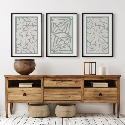 Green Abstract Wall Art – Japandi Minimalist Poster Set of 3 – Boho Botanical Prints for Modern Home & Neutral Room Decor B53
