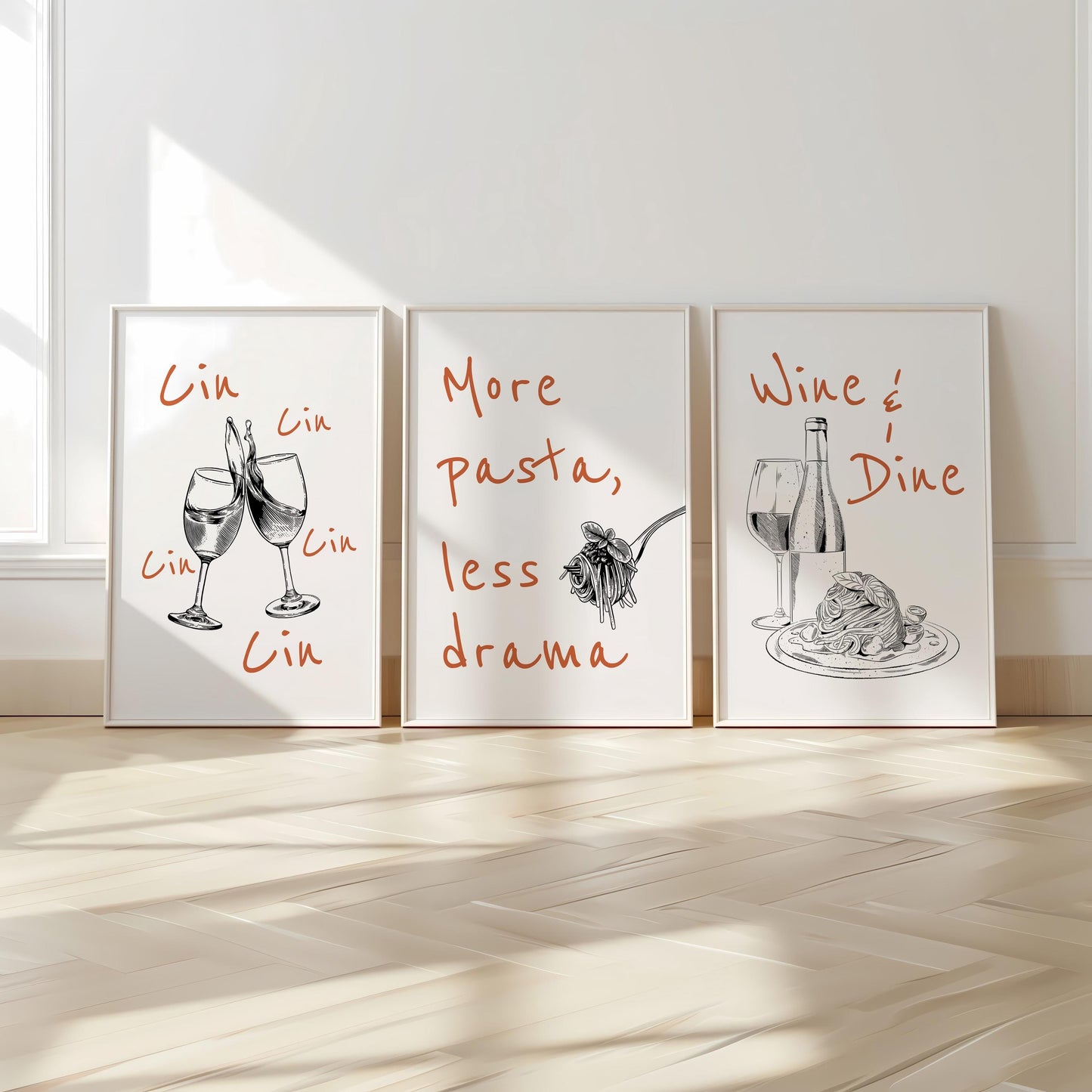 Funny Kitchen Wall Art Set – Wine and Pasta Posters for Dining Room, Hand Drawn Food Prints, Italian Quote Art, Cafe or Bar Decor D144