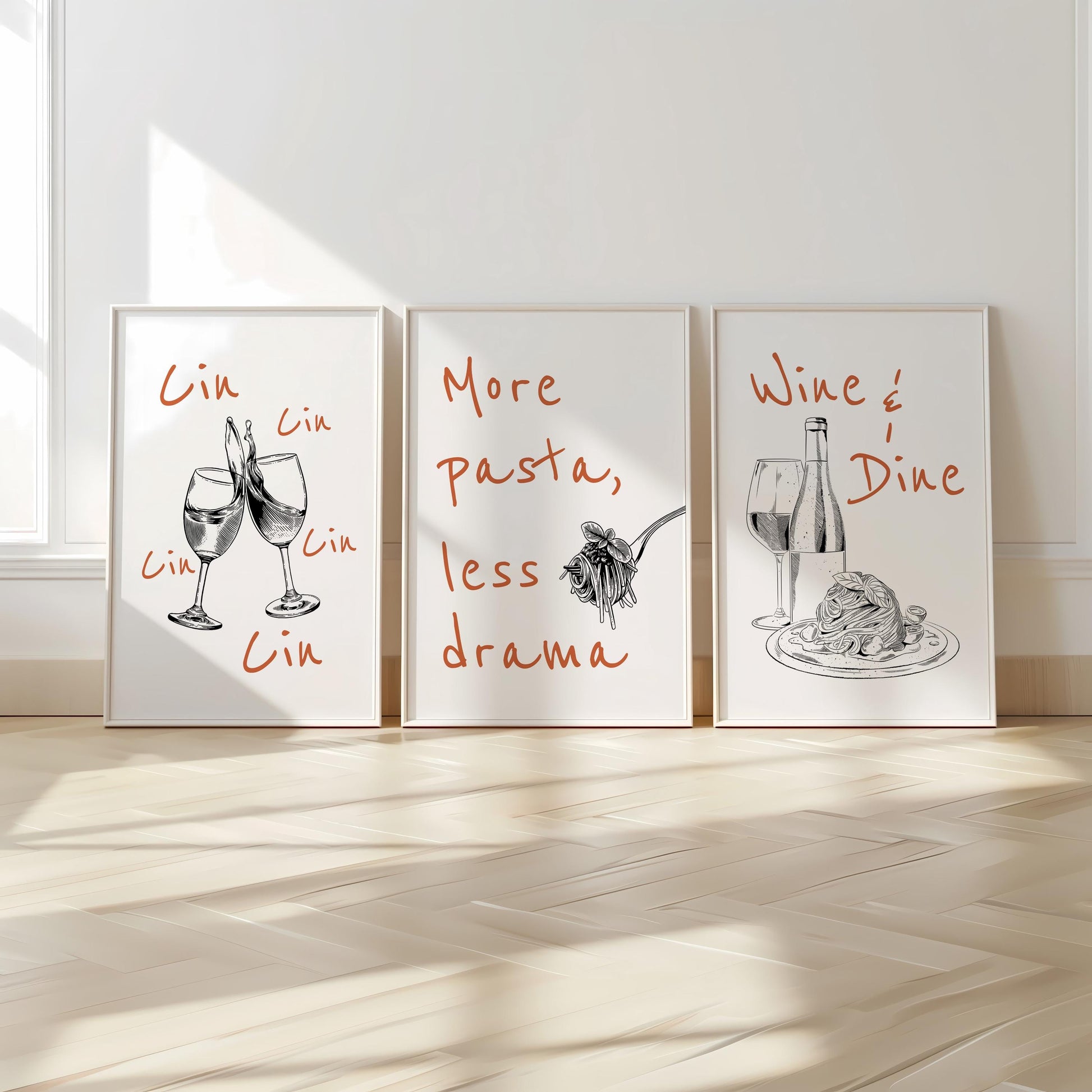 Funny Kitchen Wall Art Set – Wine and Pasta Posters for Dining Room, Hand Drawn Food Prints, Italian Quote Art, Cafe or Bar Decor D144