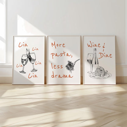 Funny Kitchen Wall Art Set – Wine and Pasta Posters for Dining Room, Hand Drawn Food Prints, Italian Quote Art, Cafe or Bar Decor D144