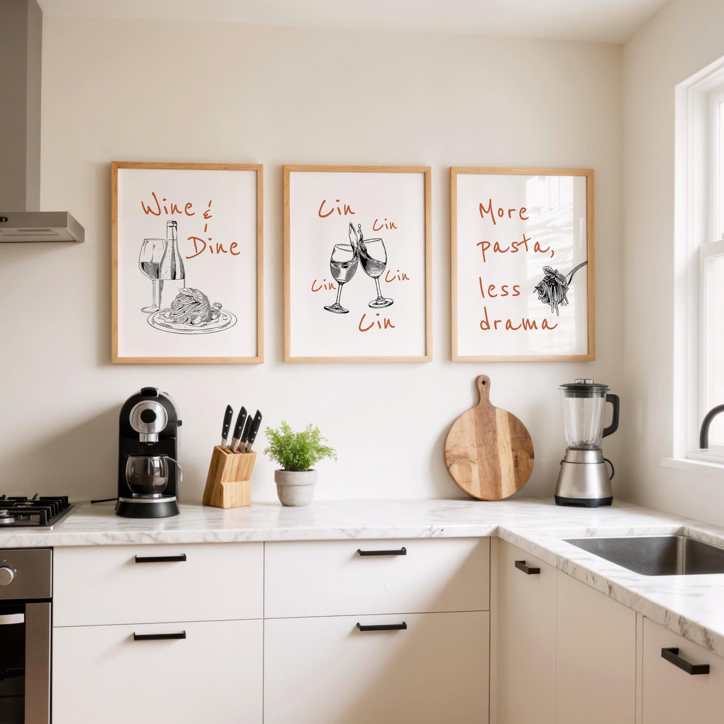 Funny Kitchen Wall Art Set – Wine and Pasta Posters for Dining Room, Hand Drawn Food Prints, Italian Quote Art, Cafe or Bar Decor D144