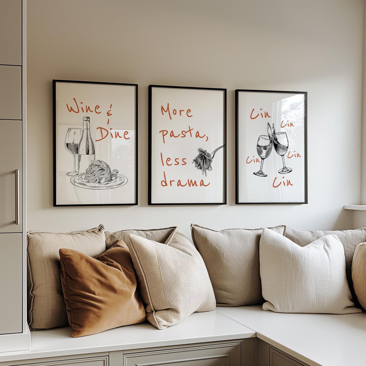 Funny Kitchen Wall Art Set – Wine and Pasta Posters for Dining Room, Hand Drawn Food Prints, Italian Quote Art, Cafe or Bar Decor D144