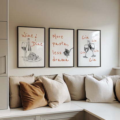Funny Kitchen Wall Art Set – Wine and Pasta Posters for Dining Room, Hand Drawn Food Prints, Italian Quote Art, Cafe or Bar Decor D144