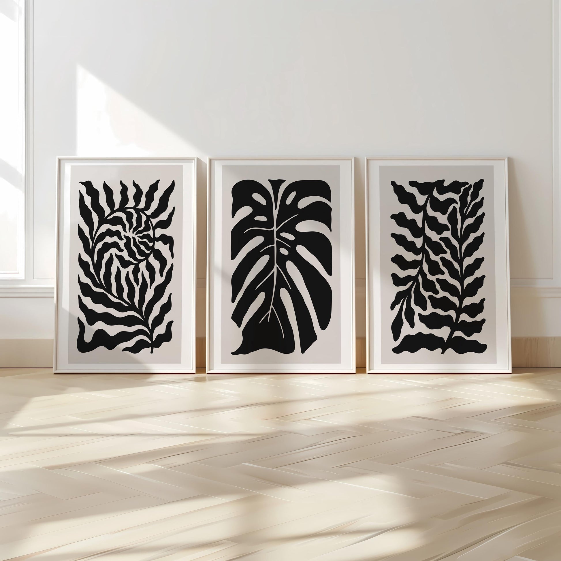Abstract Botanical Wall Art - Black and Beige Leaf Print Set of 3 for Modern, Japandi, Minimalist, or Scandinavian Interior Decor B54