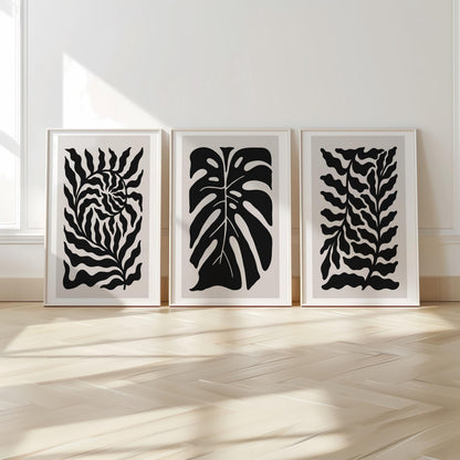 Abstract Botanical Wall Art - Black and Beige Leaf Print Set of 3 for Modern, Japandi, Minimalist, or Scandinavian Interior Decor B54