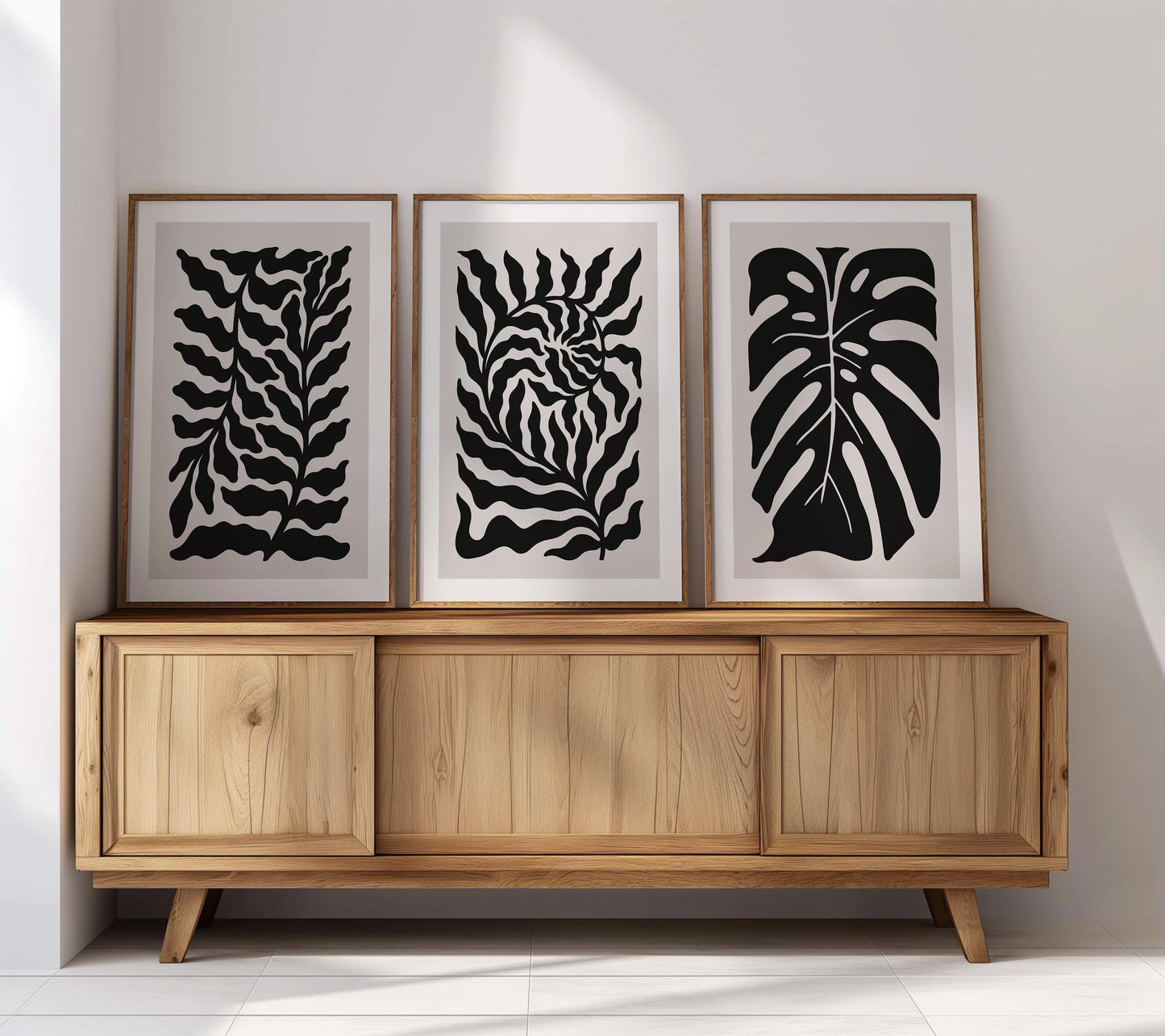 Abstract Botanical Wall Art - Black and Beige Leaf Print Set of 3 for Modern, Japandi, Minimalist, or Scandinavian Interior Decor B54