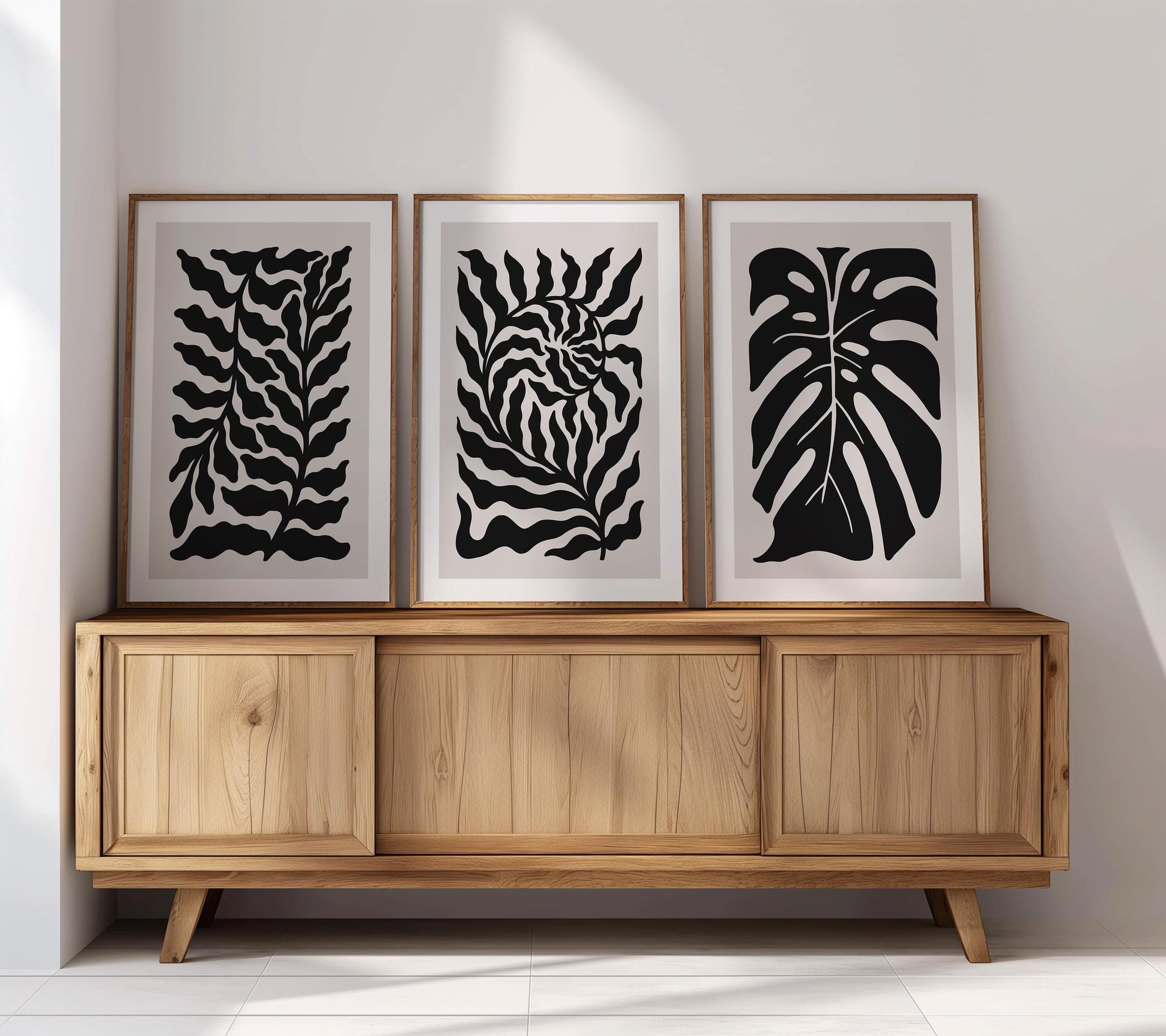 Abstract Botanical Wall Art - Black and Beige Leaf Print Set of 3 for Modern, Japandi, Minimalist, or Scandinavian Interior Decor B54