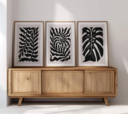 Abstract Botanical Wall Art - Black and Beige Leaf Print Set of 3 for Modern, Japandi, Minimalist, or Scandinavian Interior Decor B54