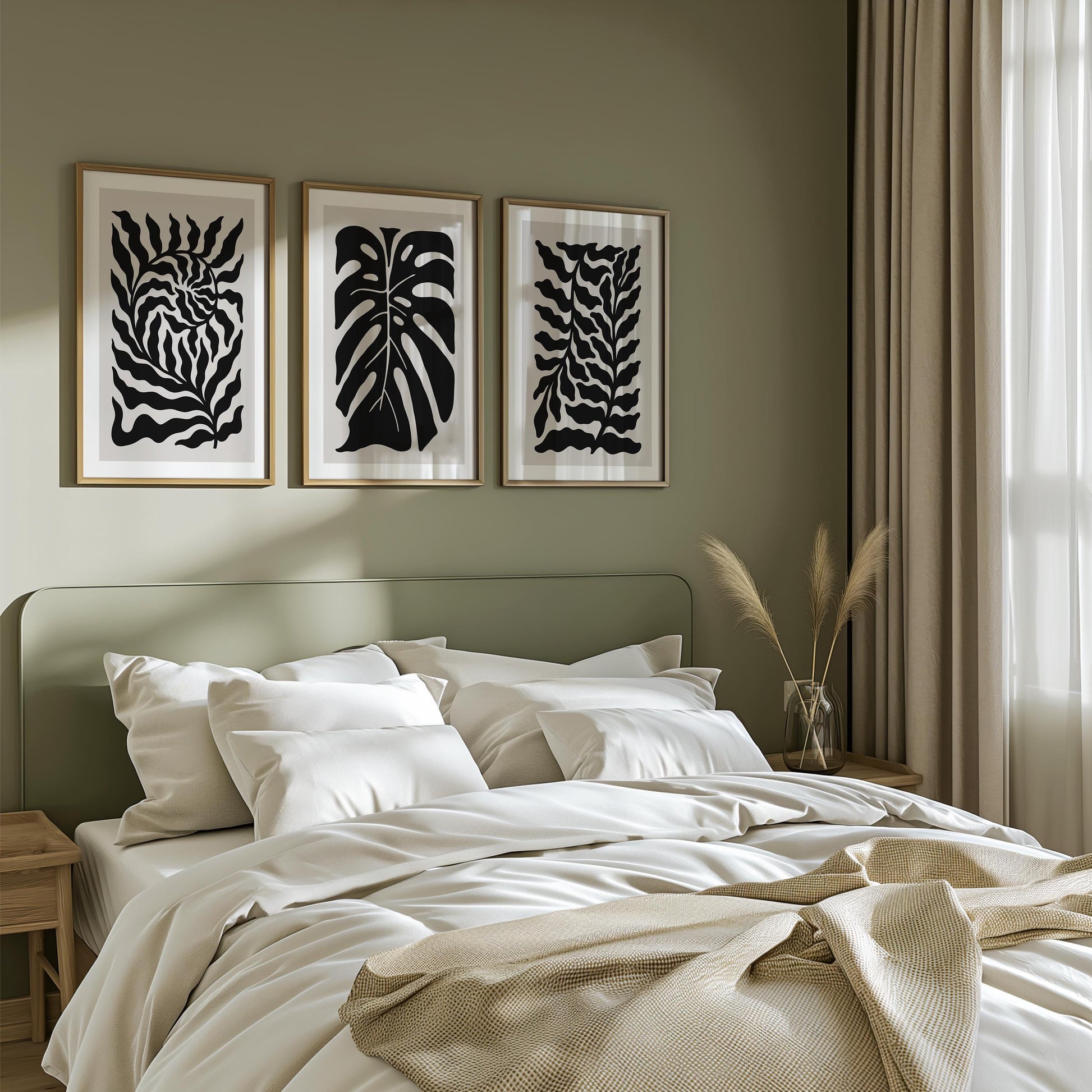 Abstract Botanical Wall Art - Black and Beige Leaf Print Set of 3 for Modern, Japandi, Minimalist, or Scandinavian Interior Decor B54