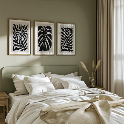 Abstract Botanical Wall Art - Black and Beige Leaf Print Set of 3 for Modern, Japandi, Minimalist, or Scandinavian Interior Decor B54