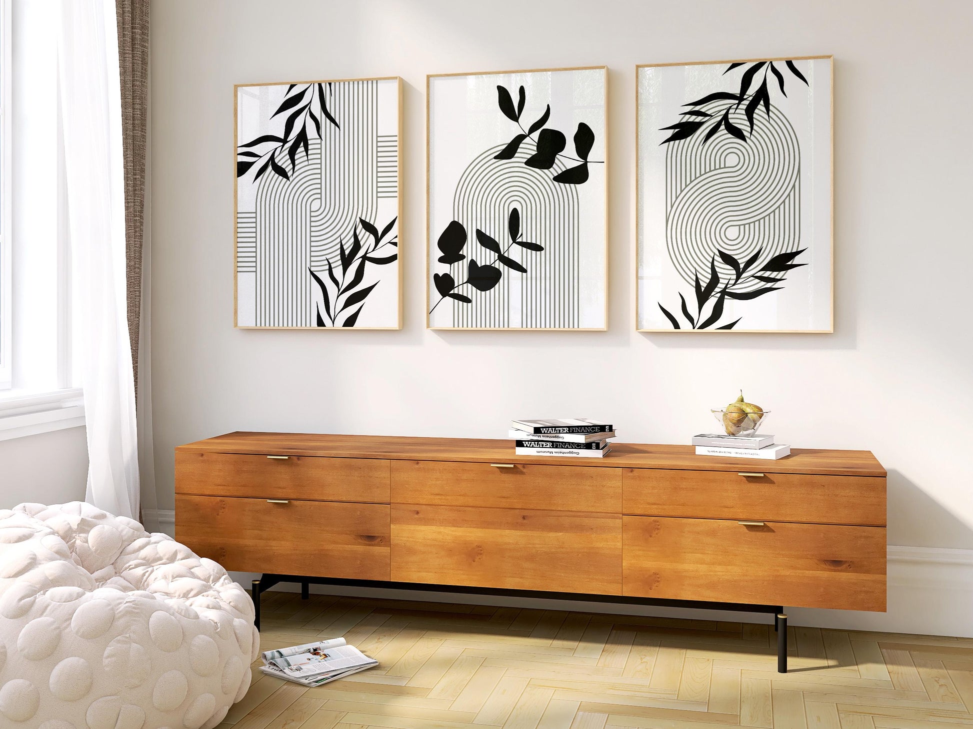 Geometric Botanical Wall Art – Olive Green Mid Century Prints, Black White Boho Decor for Living Room or Bedroom B062