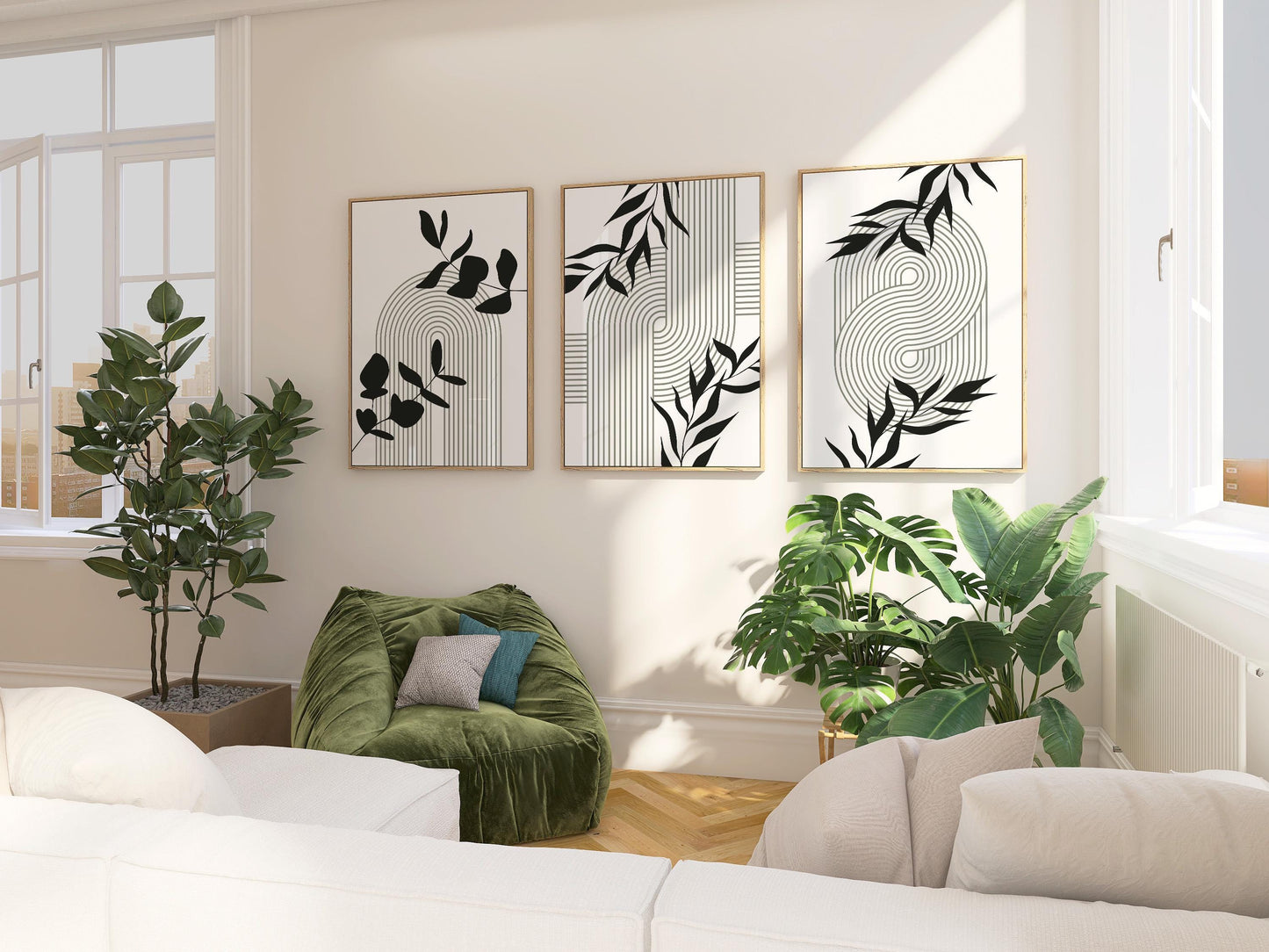 Geometric Botanical Wall Art – Olive Green Mid Century Prints, Black White Boho Decor for Living Room or Bedroom B062