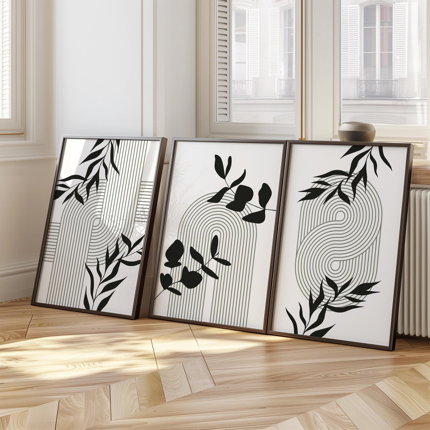 Geometric Botanical Wall Art – Olive Green Mid Century Prints, Black White Boho Decor for Living Room or Bedroom B062