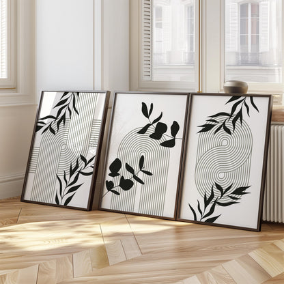 Geometric Botanical Wall Art – Olive Green Mid Century Prints, Black White Boho Decor for Living Room or Bedroom B062