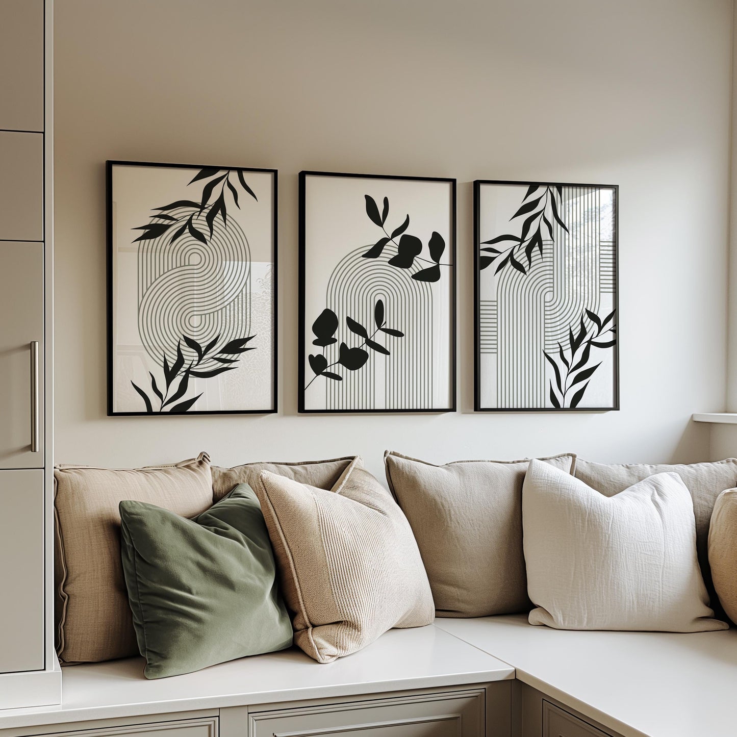 Geometric Botanical Wall Art – Olive Green Mid Century Prints, Black White Boho Decor for Living Room or Bedroom B062