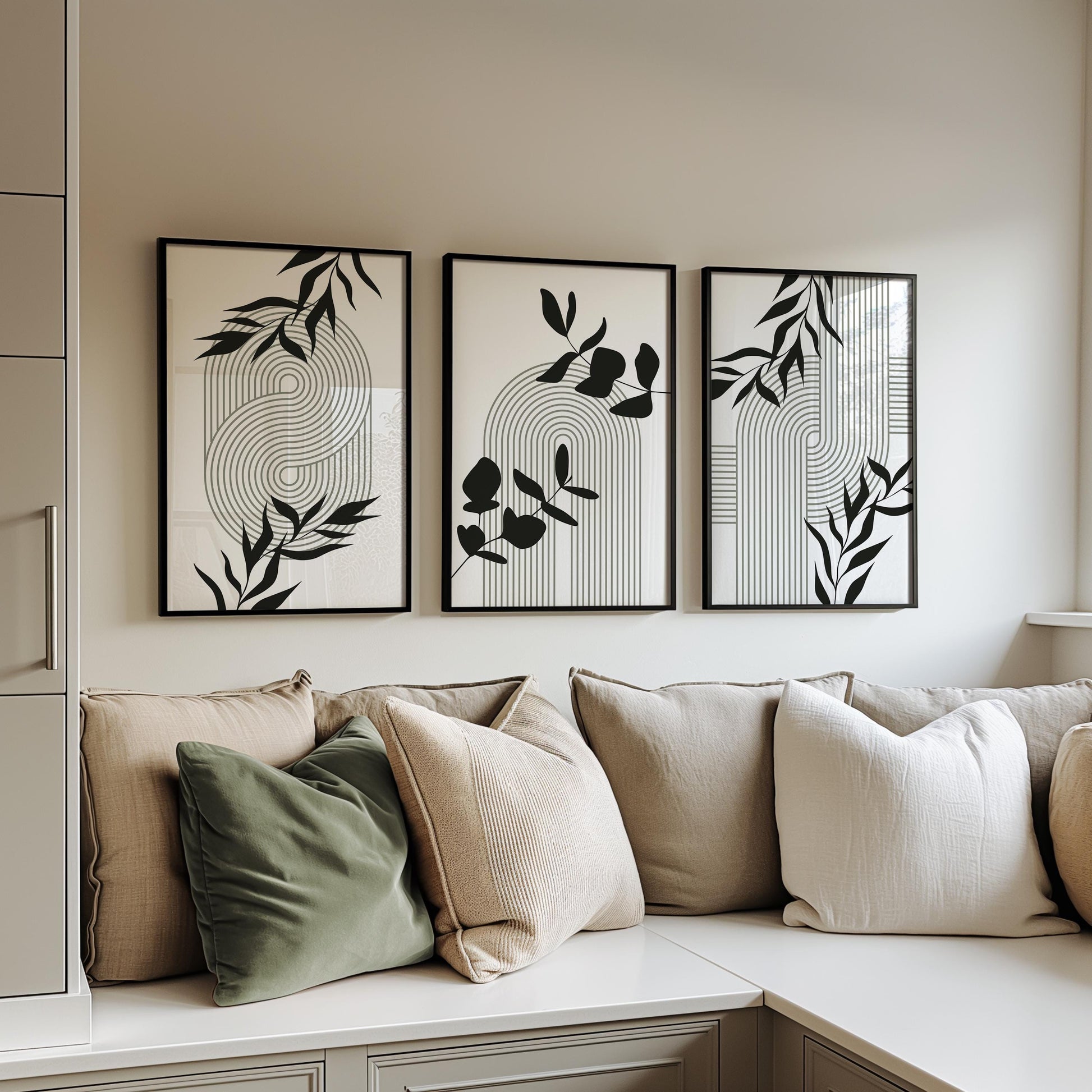 Geometric Botanical Wall Art – Olive Green Mid Century Prints, Black White Boho Decor for Living Room or Bedroom B062