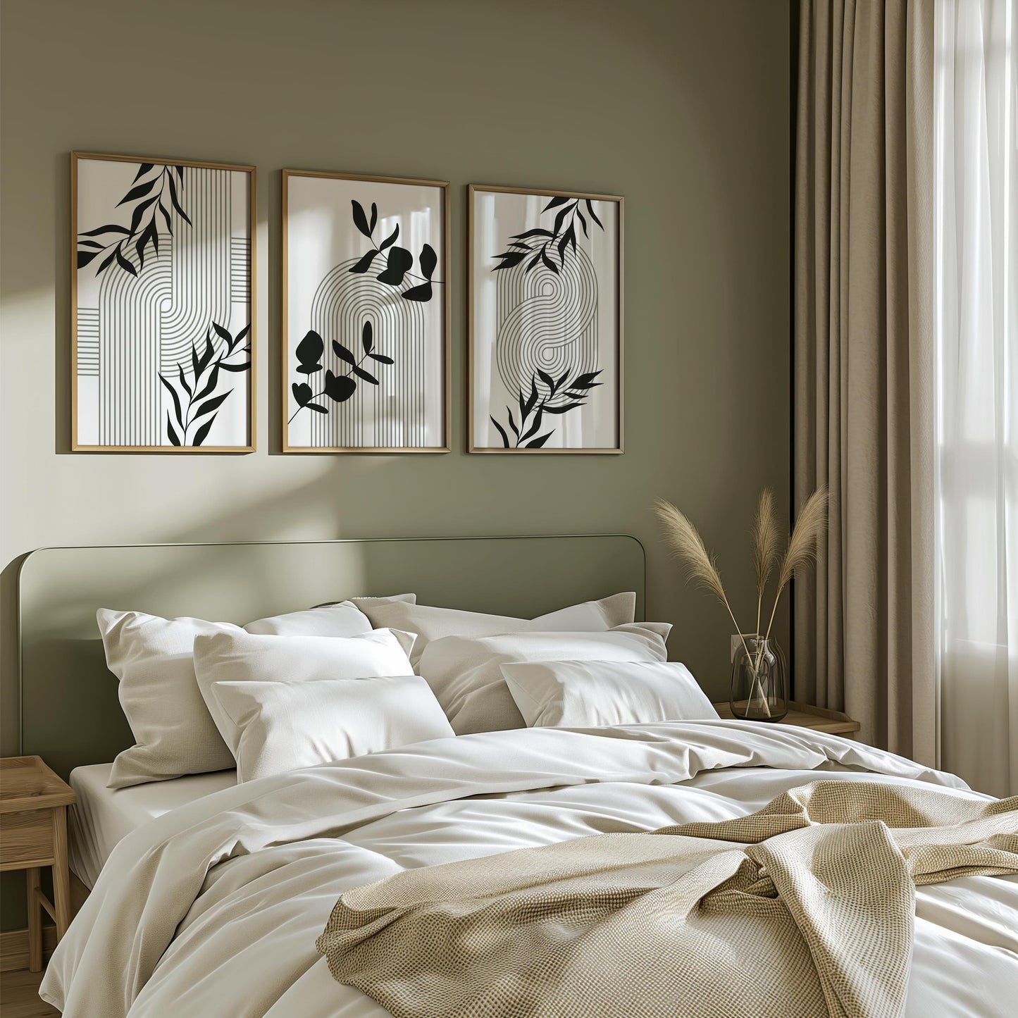Geometric Botanical Wall Art – Olive Green Mid Century Prints, Black White Boho Decor for Living Room or Bedroom B062
