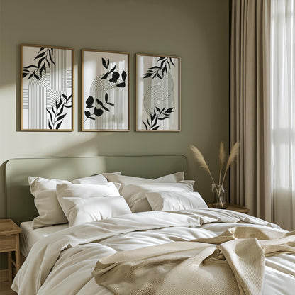 Geometric Botanical Wall Art – Olive Green Mid Century Prints, Black White Boho Decor for Living Room or Bedroom B062