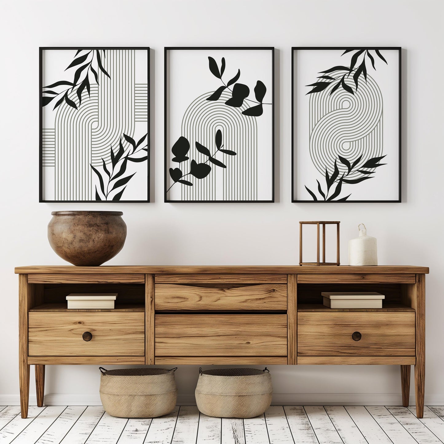 Geometric Botanical Wall Art – Olive Green Mid Century Prints, Black White Boho Decor for Living Room or Bedroom B062