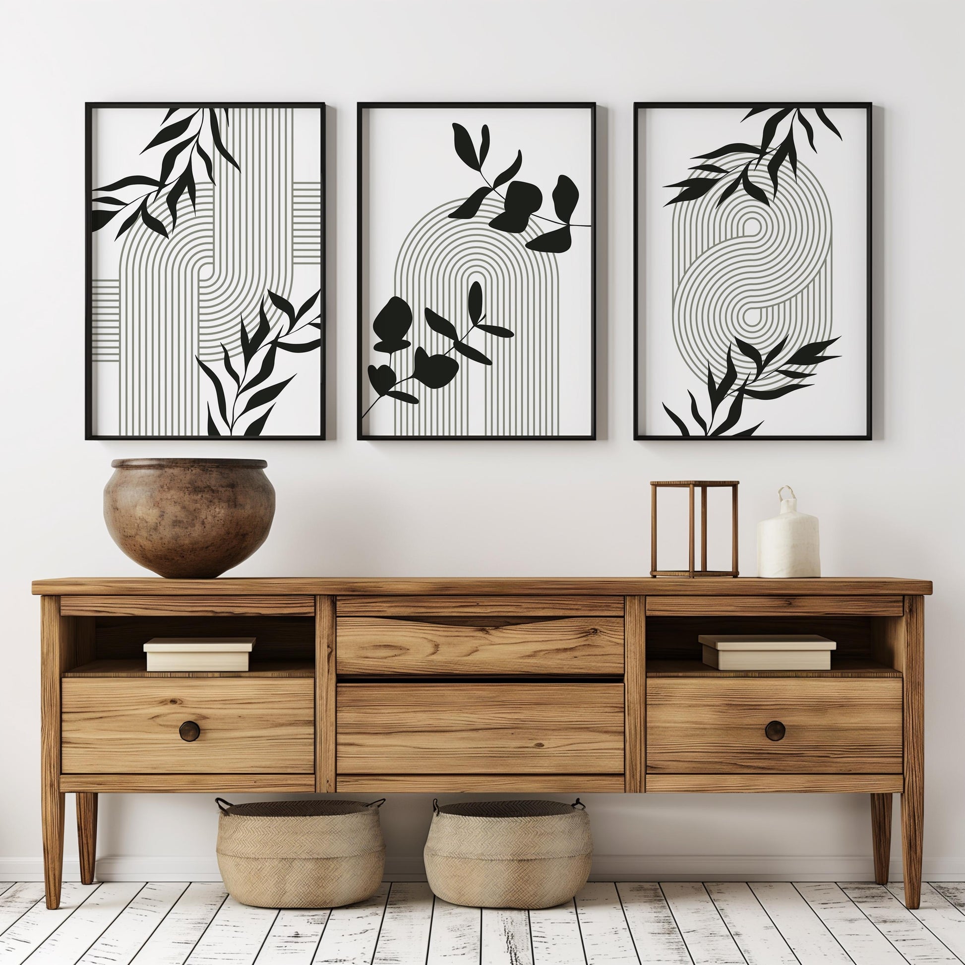 Geometric Botanical Wall Art – Olive Green Mid Century Prints, Black White Boho Decor for Living Room or Bedroom B062
