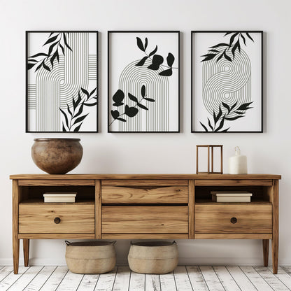 Geometric Botanical Wall Art – Olive Green Mid Century Prints, Black White Boho Decor for Living Room or Bedroom B062