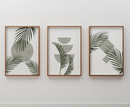 Green Botanical Wall Art Prints – Unframed Minimalist Palm Leaf Poster Set of 3 for Zen Decor, Living Room or Entryway B063