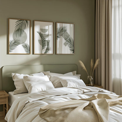 Green Botanical Wall Art Prints – Unframed Minimalist Palm Leaf Poster Set of 3 for Zen Decor, Living Room or Entryway B063