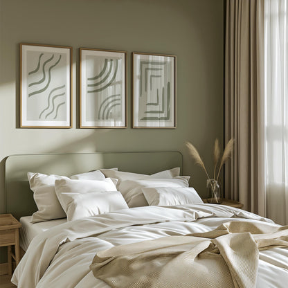 Sage Green Minimalist Wall Art Set of 3 – Scandinavian Abstract Line Prints for Neutral Gallery Decor B064