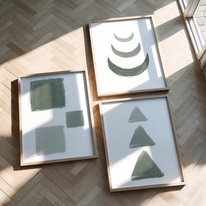 Sage Green Geometric Wall Art Set of 3 – Minimalist Abstract Shapes Print for Modern Home Decor, Living Room or Bedroom Unframed B065