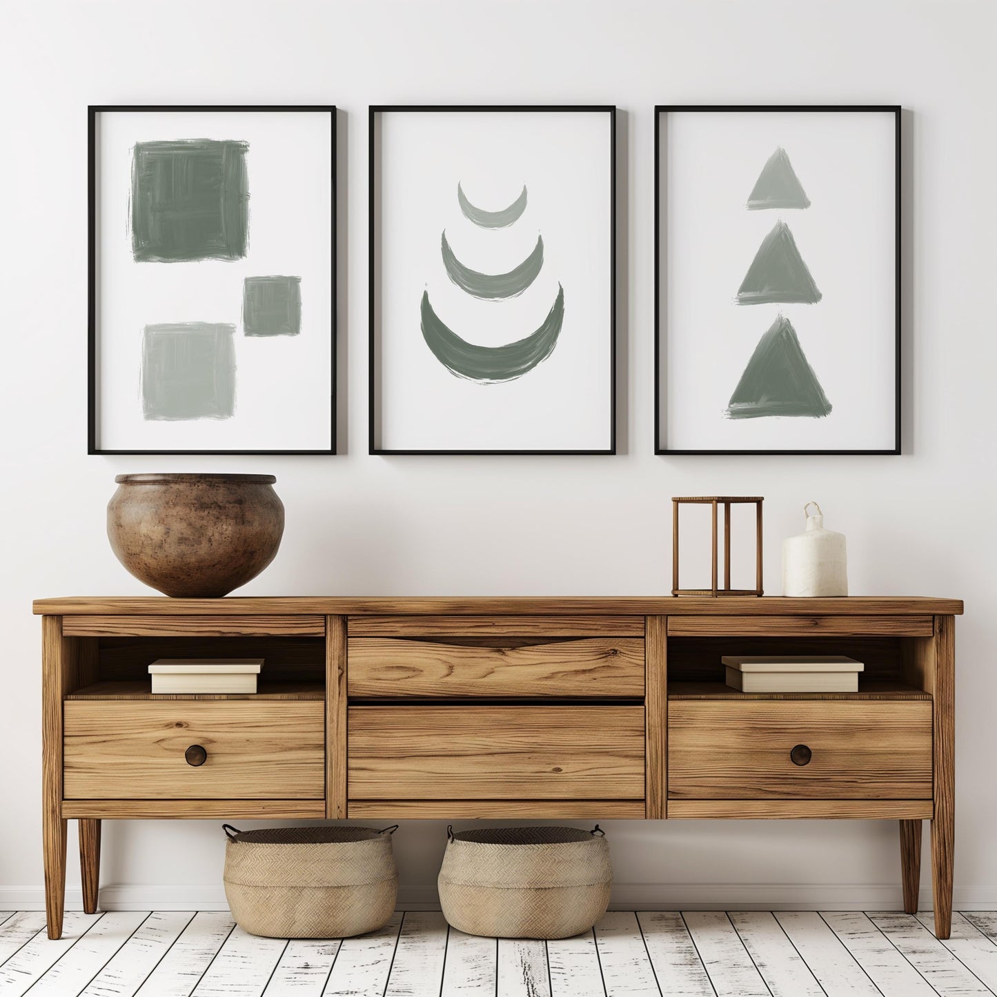 Sage Green Geometric Wall Art Set of 3 – Minimalist Abstract Shapes Print for Modern Home Decor, Living Room or Bedroom Unframed B065
