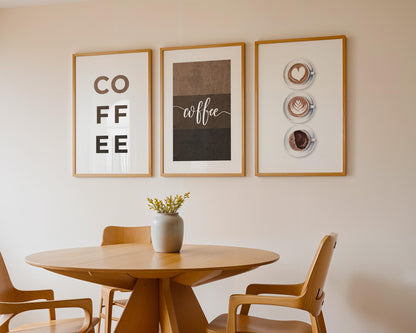 Coffee Poster Trio – Modern Kitchen Wall Art, Latte Art Decor, Neutral Coffee Sign Prints, Barista-Inspired Wall Decor D153