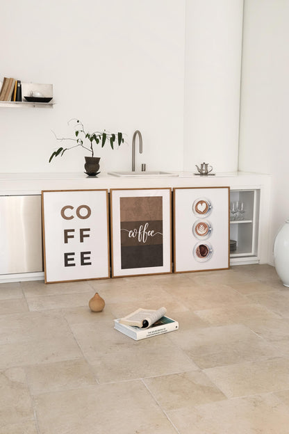 Coffee Poster Trio – Modern Kitchen Wall Art, Latte Art Decor, Neutral Coffee Sign Prints, Barista-Inspired Wall Decor D153