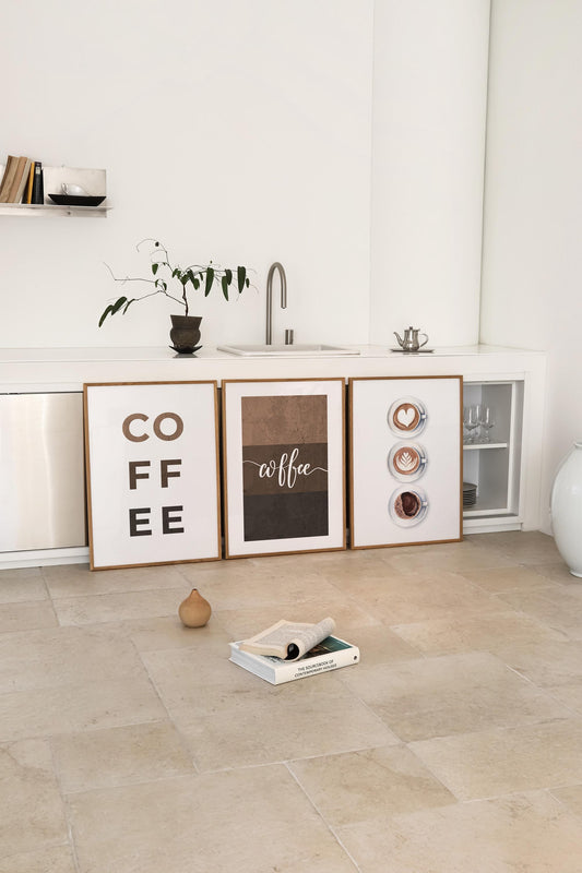 Coffee Poster Trio – Modern Kitchen Wall Art, Latte Art Decor, Neutral Coffee Sign Prints, Barista-Inspired Wall Decor D153