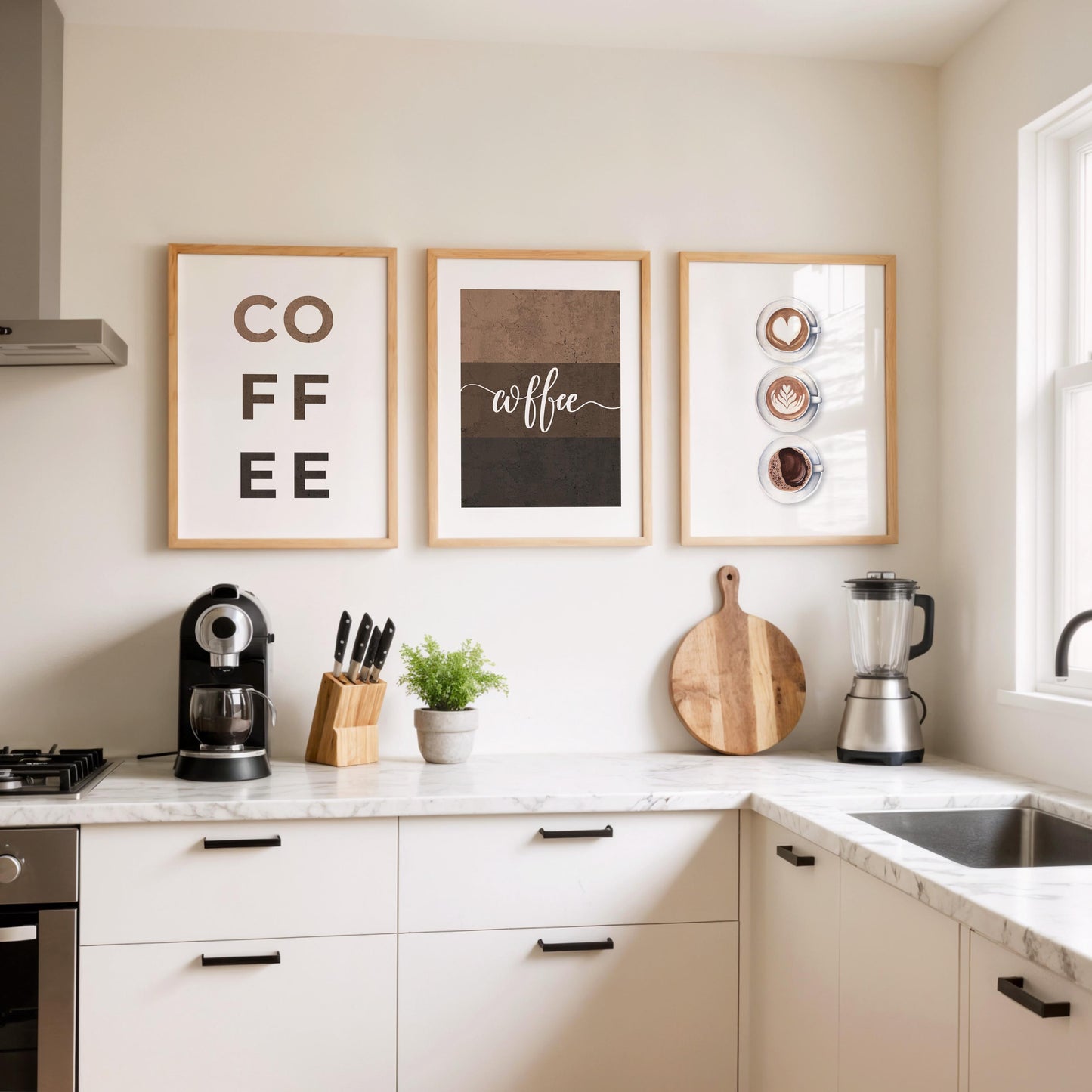Coffee Poster Trio – Modern Kitchen Wall Art, Latte Art Decor, Neutral Coffee Sign Prints, Barista-Inspired Wall Decor D153