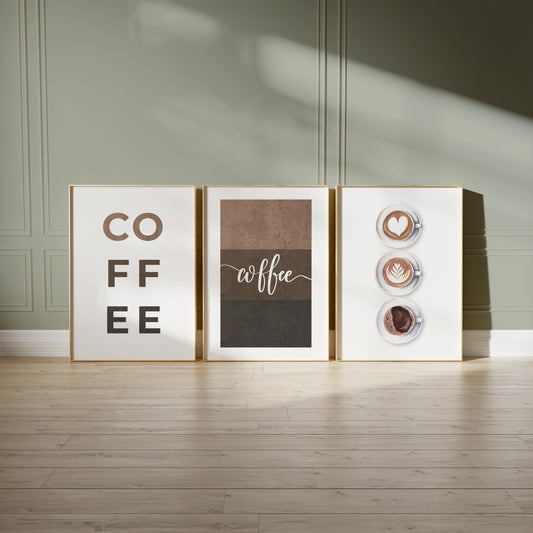 Coffee Poster Trio – Modern Kitchen Wall Art, Latte Art Decor, Neutral Coffee Sign Prints, Barista-Inspired Wall Decor D153