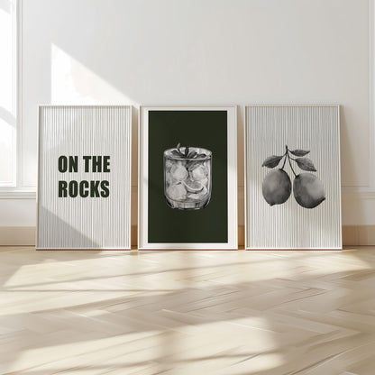 On the Rocks Bar Wall Art Set – Black and White Cocktail Posters, Modern Kitchen or Home Bar Decor, Minimalist Drink Prints (3 Pieces) D146