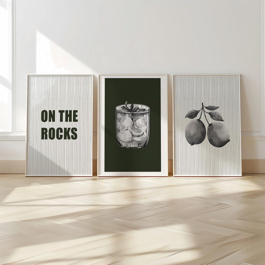 On the Rocks Bar Wall Art Set – Black and White Cocktail Posters, Modern Kitchen or Home Bar Decor, Minimalist Drink Prints (3 Pieces) D146