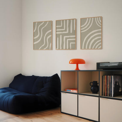 Abstract Green Wall Art Set – Minimalist Line Art Prints, Modern Scandinavian Neutral Decor for Living Room Walls B55