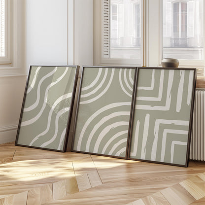 Abstract Green Wall Art Set – Minimalist Line Art Prints, Modern Scandinavian Neutral Decor for Living Room Walls B55