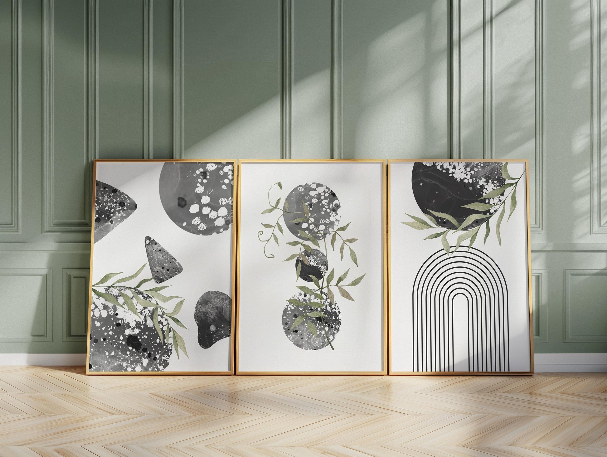 Set of 3 Boho Wall Prints, Boho Wall Art, Boho Decor, Boho Abstract Posters, Geometric Wall Poster, Green and Black Contemporary Art B013