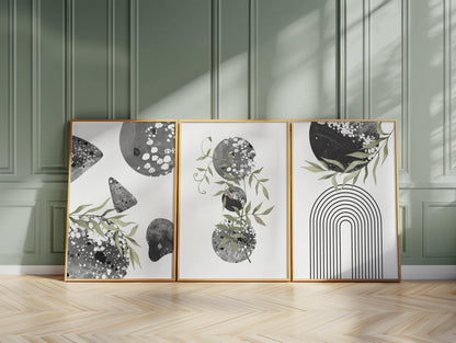 Set of 3 Boho Wall Prints, Boho Wall Art, Boho Decor, Boho Abstract Posters, Geometric Wall Poster, Green and Black Contemporary Art B013