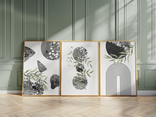 Set of 3 Boho Wall Prints, Boho Wall Art, Boho Decor, Boho Abstract Posters, Geometric Wall Poster, Green and Black Contemporary Art B013